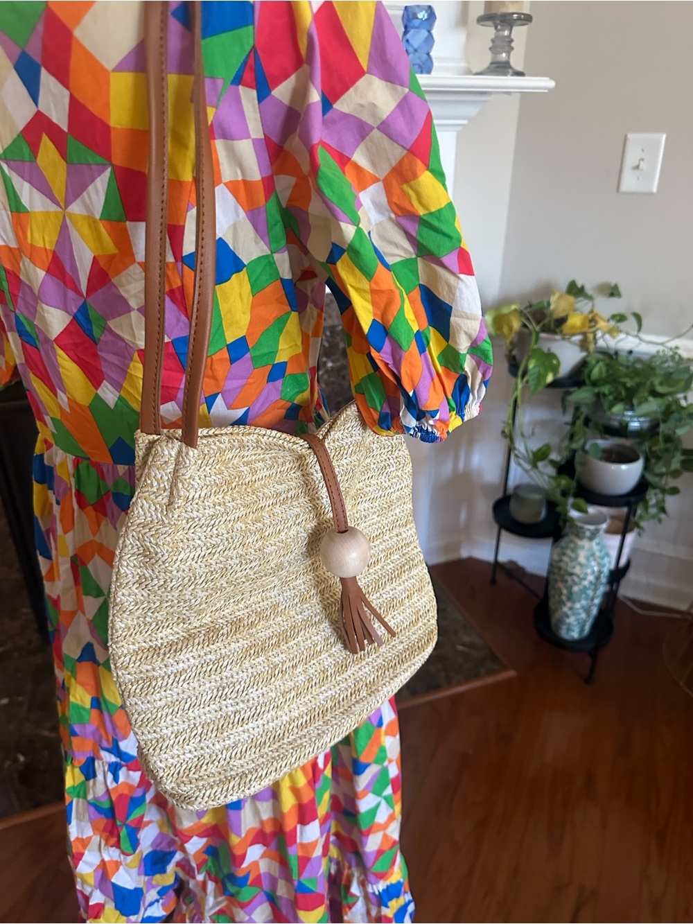Straw Woven Crossbody Bag with Wood Ball Tassel - Natural